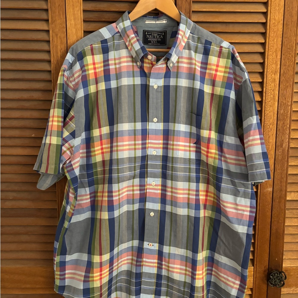 Nautica Multicolor Plaid Short-Sleeve Button-Down Shirt - Navy, Yellow. XXL.